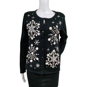 Tiara International Black Tight Knit Christmas Cardigan Small
